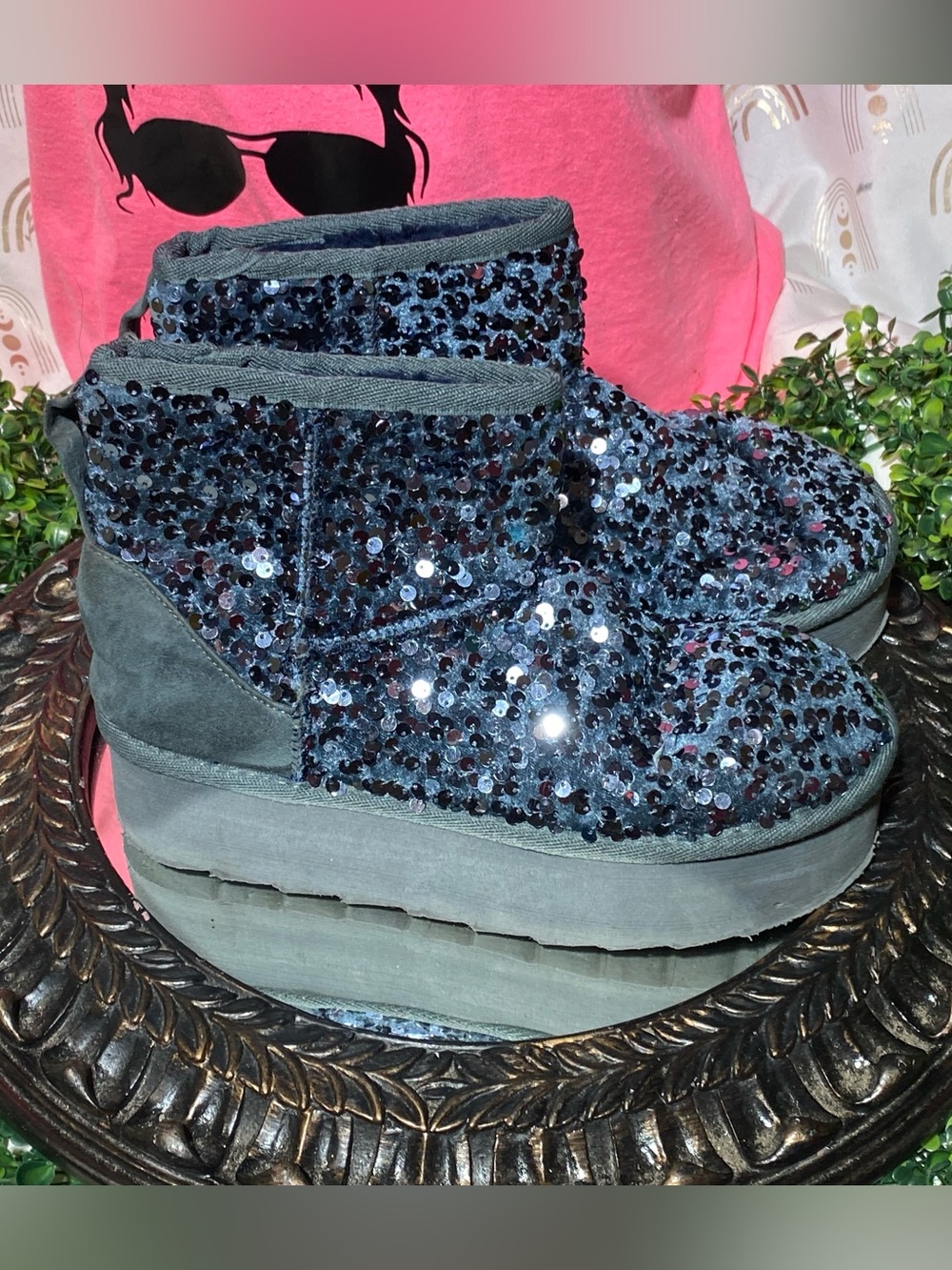Shoe Dazzle Navy Sequin Platform Ankle Boots
